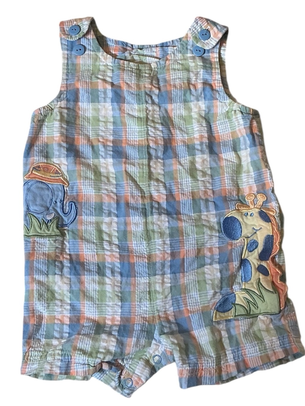 3/$15 Little Me Blue Green Plaid Elephant & Giraffe Romper